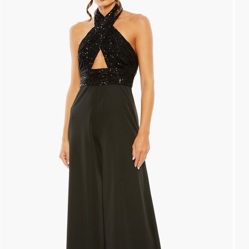 Mac Duggal sequin halter jumpsuit.